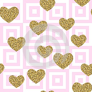 Gold glittering confetti hearts on geometric seamless pattern.