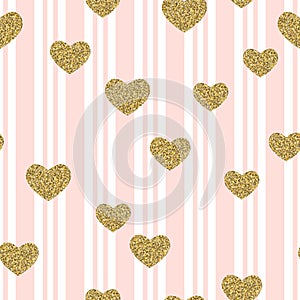 Gold glittering confetti hearts on stripes seamless pattern.