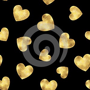 Gold glittering foil seamless pattern background with hearts