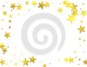 Gold glittering foil stars on white background