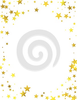 Gold glittering foil stars on white background