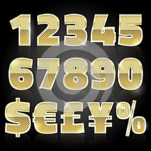 Gold glittering metal alphabet set numbers and symbols