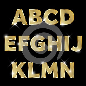 Gold glittering metal alphabet set A to N uppercase.