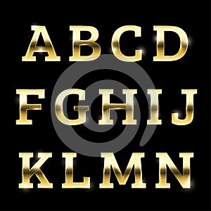 Gold glittering metal alphabet set A to N uppercase.