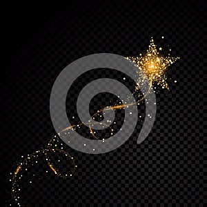 Gold glittering spiral star dust trail sparkling particles on transparent background.