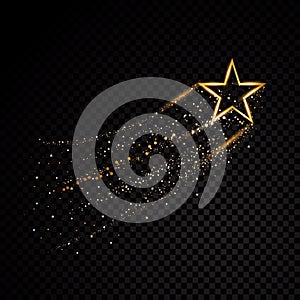 Gold glittering spiral star dust trail sparkling particles on transparent background. Space comet tail. Vector glamour