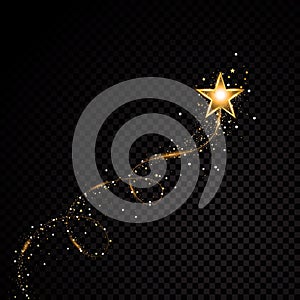 Gold glittering spiral star dust trail sparkling particles on transparent background. Space comet tail. Vector glamour