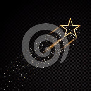 Gold glittering spiral star dust trail sparkling particles on transparent background. Space comet tail. Vector glamour