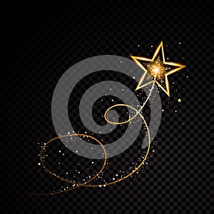 Gold glittering spiral star dust trail sparkling particles on transparent background. Space comet tail. Vector glamour