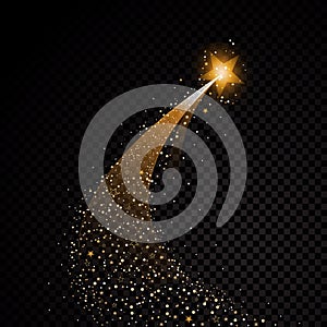 Gold glittering spiral star dust trail sparkling particles on transparent background. Space comet tail. Vector glamour