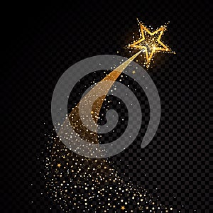 Gold glittering spiral star dust trail sparkling particles on transparent background. Space comet tail. Vector glamour