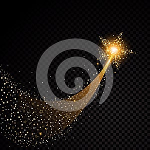 Gold glittering spiral star dust trail sparkling particles on transparent background. Space comet tail. Vector glamour