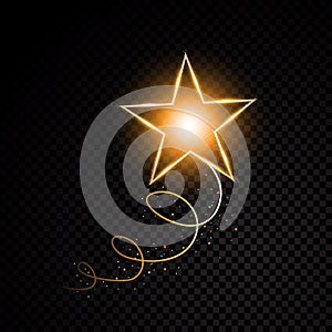 Gold glittering spiral star dust trail sparkling particles on transparent background. Space comet tail. Vector glamour