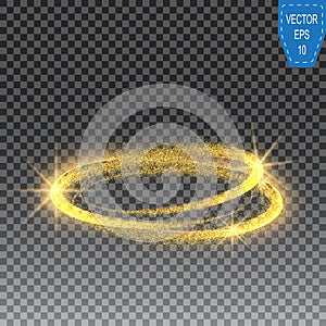 Gold glittering star dust circles. Twinkling ellipse on checkered background, vector illustration