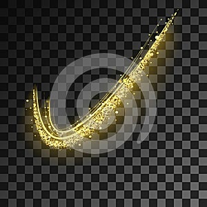 Gold glittering star dust trail sparkling particles on transparent background. Space comet tail. Vector glamour fashion