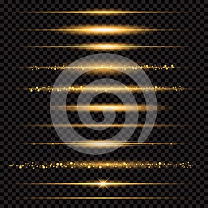 Gold glittering star dust trail sparkling particles on transparent background. Space comet tail. Vector glamour fashion