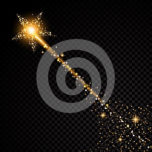 Gold glittering star dust trail sparkling particles on transparent background. Space comet tail. Vector glamour fashion