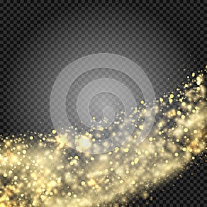 Gold glittering star dust trail sparkling particles on transparent background. Space comet tail. Vector glamour fashion