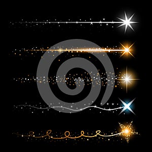 Gold glittering star dust trail sparkling particles on transparent background. Space comet tail. Vector glamour fashion