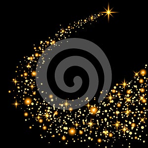 Gold glittering star dust trail sparkling particles on transparent background. Space comet tail. Vector glamour fashion