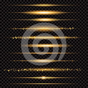 Gold glittering star dust trail sparkling particles on transparent background. Space comet tail. Vector glamour fashion photo