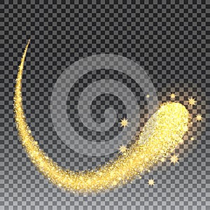 Gold glittering stars dust trail sparkling particles on black background. Space glitter comet tail. Vector illustration