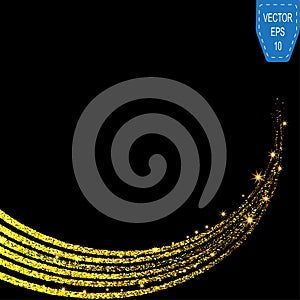 Gold glittering stars dust trail sparkling particles on black background. Space glitter comet tail. Vector illustration