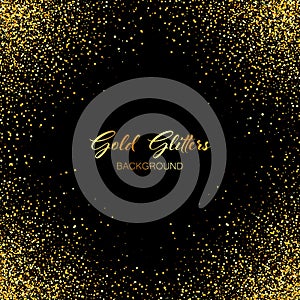 Gold glitters on a black background. Abstract shiny textured background for poster, invitation, poster, gift, christmas