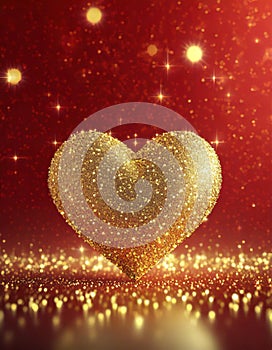 Gold glittery heart greeting card background for Valentines Day on red and shiny bokeh lights