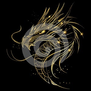 Gold glittery lines chinese dragon silhouette pattern background illustration with glowing blinking, glitter. Shiny beautiful