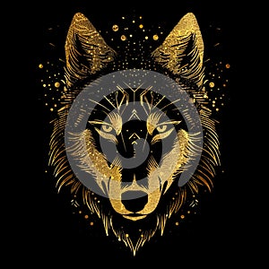 Gold glittery ornamental glowing lines wolf head pattern background illustration. Luxury glow line art isolated wolf silhouette