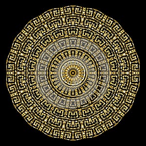Gold glittery shiny greek vector mandala pattern. Flower. Ornate floral ancient background. Geometric round glitters pattern.