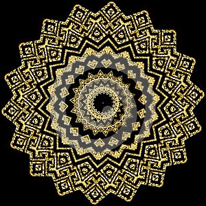 Gold glittery shiny greek vector mandala pattern. Flower. Ornate floral ancient background. Geometric round glitters pattern.