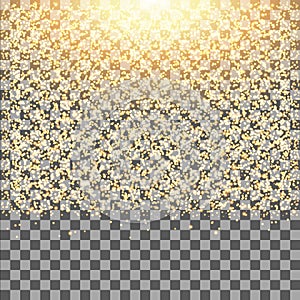 Gold glow glitter sparkles on transparent background.Falling dust.