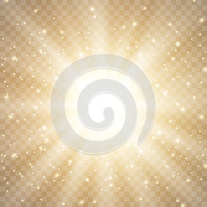 Gold glowing circle light burst explosion on transparent background. Bright flare effect decoration with ray sparkles