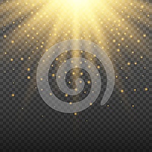 Gold glowing light burst explosion on transparent background. Bright flare effect decoration with ray sparkles