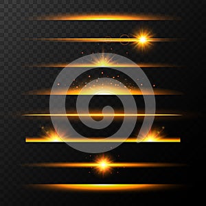 Gold glowing lines with stars set. Shining line set. Golden realistic lens flare set. Collection of light effects on transparent b
