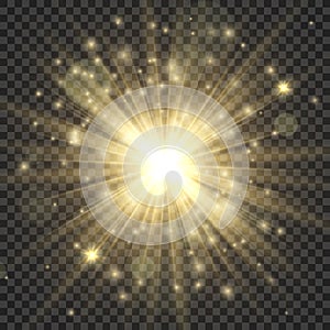 Gold glowing star. Stylish bright light effect, golden shiny luminous dust and glares, blurring starlight, magic sparkle