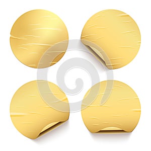 Gold glued round stickers with golden back side curling set. 3d circular shaped blank paper labels vector illustration