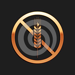 Gold Gluten free grain icon isolated on black background. No wheat sign. Food intolerance symbols. Long shadow style