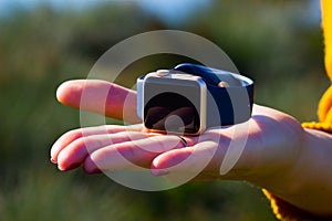 Gold golden blue smart watch turn off black screen close up