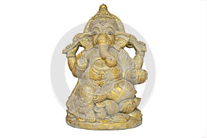 A gold golden Ganesha statue is isolated on white background with a clipping path