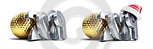 Gold golf ball 2019 new year santa hat on a white background 3D illustration, 3D rendering