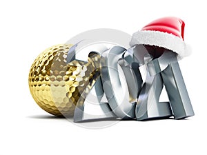 Gold golf ball 2021 new year santa hat on a white background 3D illustration, 3D rendering