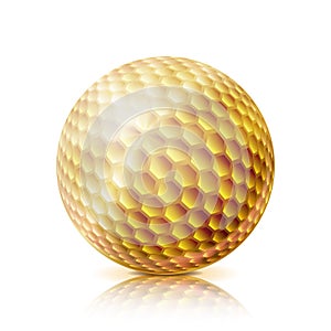 Gold Golf Ball. 3D Realistic Vector Illustration. Isolated On White Background.