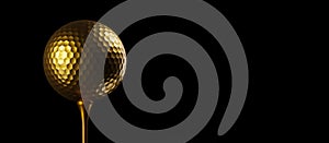 Gold golf ball on golden golf tee over black background, winner or champion concept