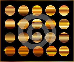 Gold gradient set background vector icon texture metallic illustration for frame, ribbon, banner, coin and label. Realistic