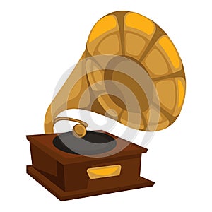Gold gramophone in 1910s style, vinyl disc playing