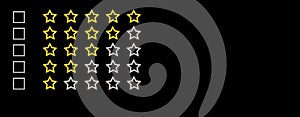 Gold, gray five stars shape on a black background. Rating stars with tick. Feedback evaluation. Rank quality. Banner
