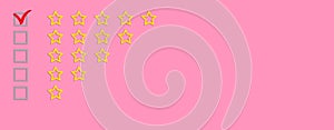 Gold, gray five stars shape on a pink background. Rating stars with tick. Feedback evaluation. Rank quality. Banner